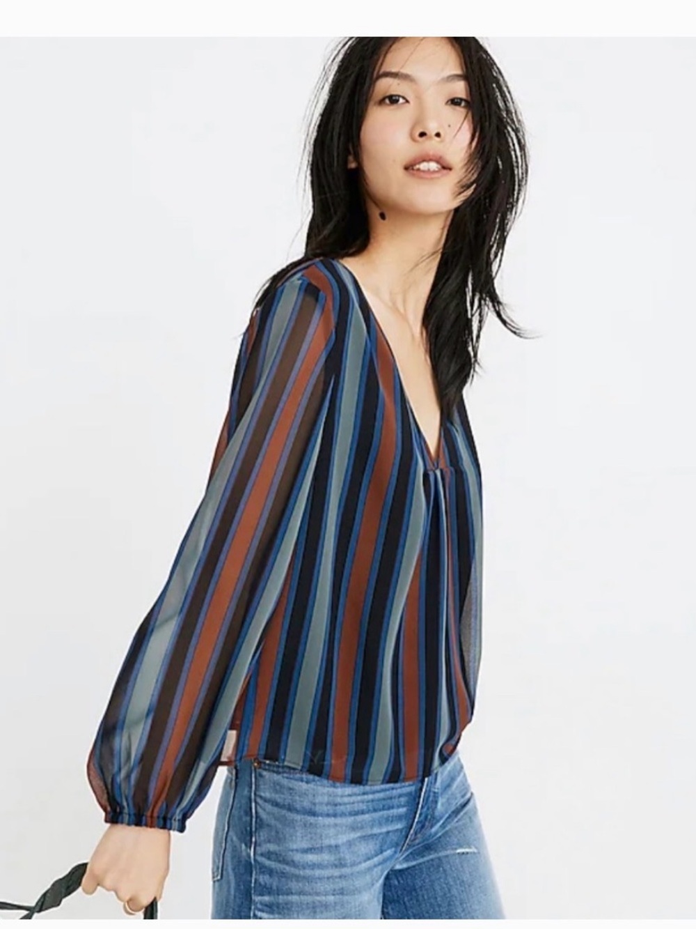 Madewell Striped V-Neck Long Sleeve Blouse - Blue, Rust & Teal ptp 18 length 24